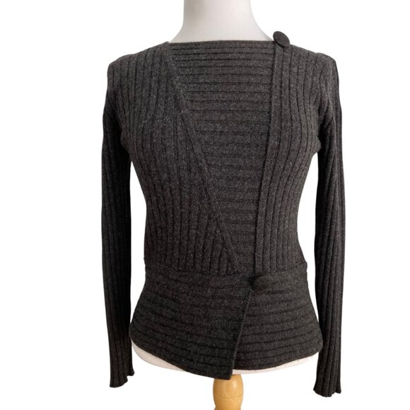 Olsen Womens Ribbed Knit Button Wrap Sweater Dark Gray Merino Wool Blend da - Picture 1 of 12